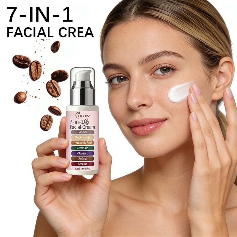 Retinol Vitamin A Cream - 30ml 7-in-1 エッセンスクリーム、肌に潤いを与え、引き締め、肌の色を明るくします。カフェイン、ナイアシンアミド、ヒアルロン酸、セラミド、ビタミンC、レチノールなどを配合しています。 女性の毎日のフェイシャルケアに最適、プレスボトル入り、安全で衛生的、持ち運びも簡単です。